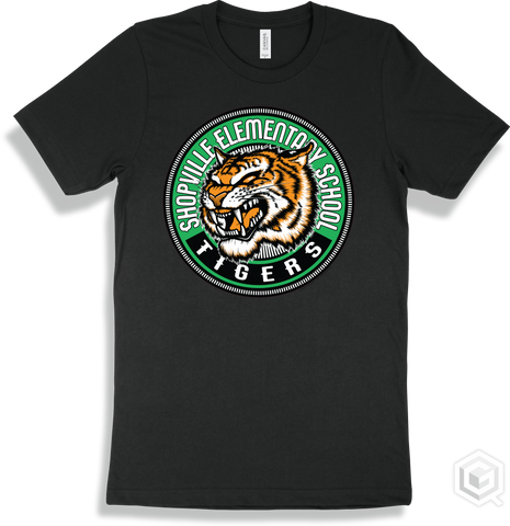 Shopville Elementary School Tigers Black T-shirt - Mascot Circle Design