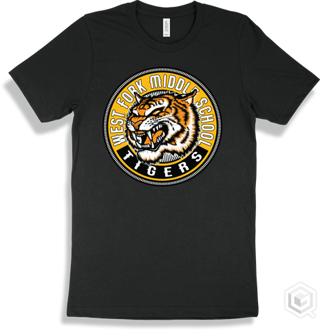 West Fork Middle School Tigers Black T-shirt - Mascot Circle Design