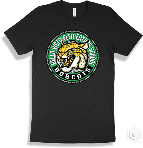 Bella Vista Elementary School Bobcats Black T-shirt - Mascot Circle Design