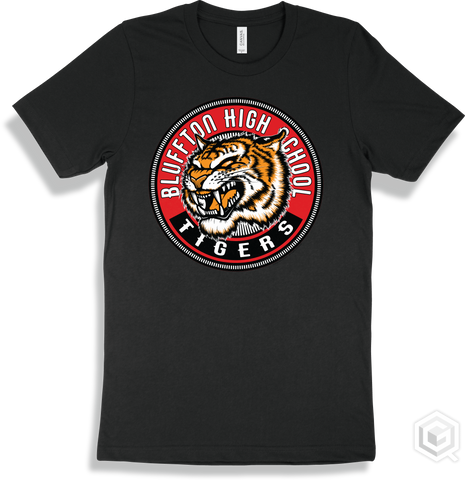 Bluffton High School Tigers Black T-shirt - Mascot Circle Design