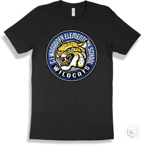 C I Waggoner Elementary School Wildcats Black T-shirt - Mascot Circle Design