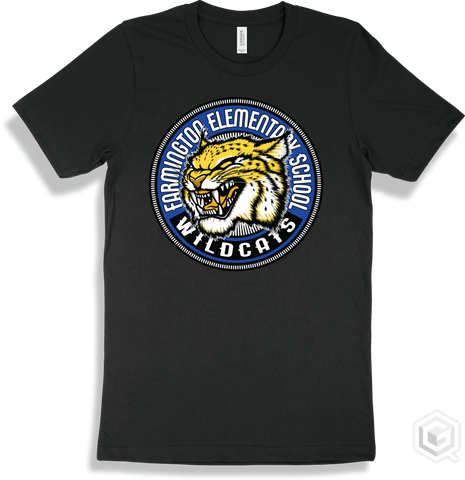 Farmington Elementary School Wildcats Black T-shirt - Mascot Circle Design