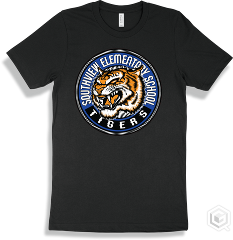 Southview Elementary School Tigers Black T-shirt - Mascot Circle Design