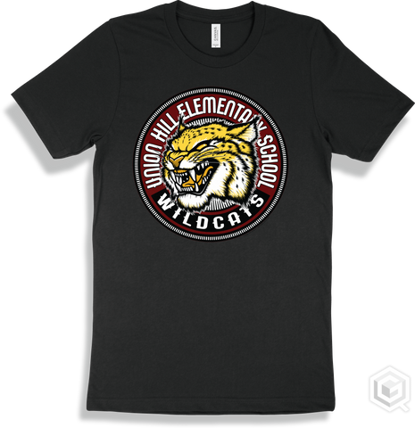 Union Hill Elementary School Wildcats Black T-shirt - Mascot Circle Design