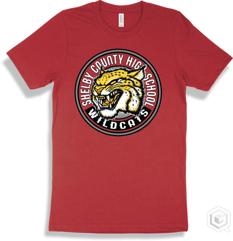 Shelby County High School Wildcats Red T-shirt - Mascot Circle Design