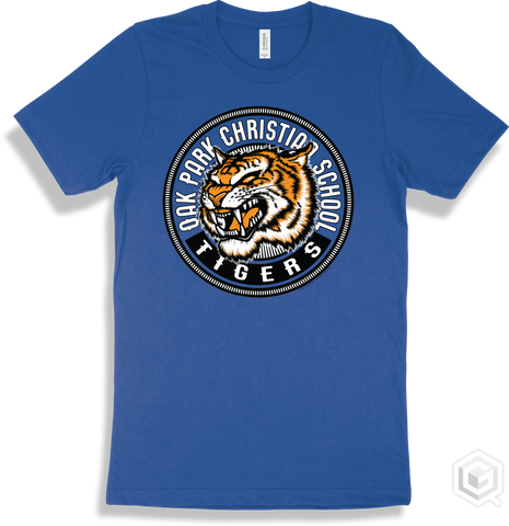 Oak Park Christian School Tigers True Royal T-shirt - Mascot Circle Design
