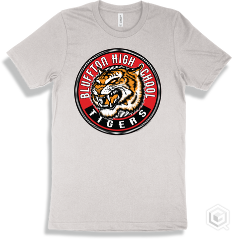 Bluffton High School Tigers White T-shirt - Mascot Circle Design