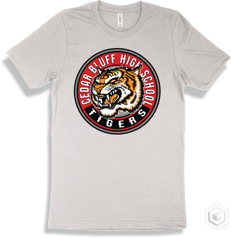 Cedar Bluff High School Tigers White T-shirt - Mascot Circle Design