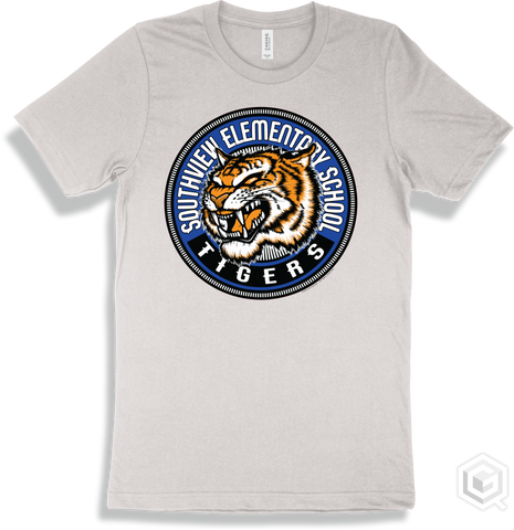 Southview Elementary School Tigers White T-shirt - Mascot Circle Design